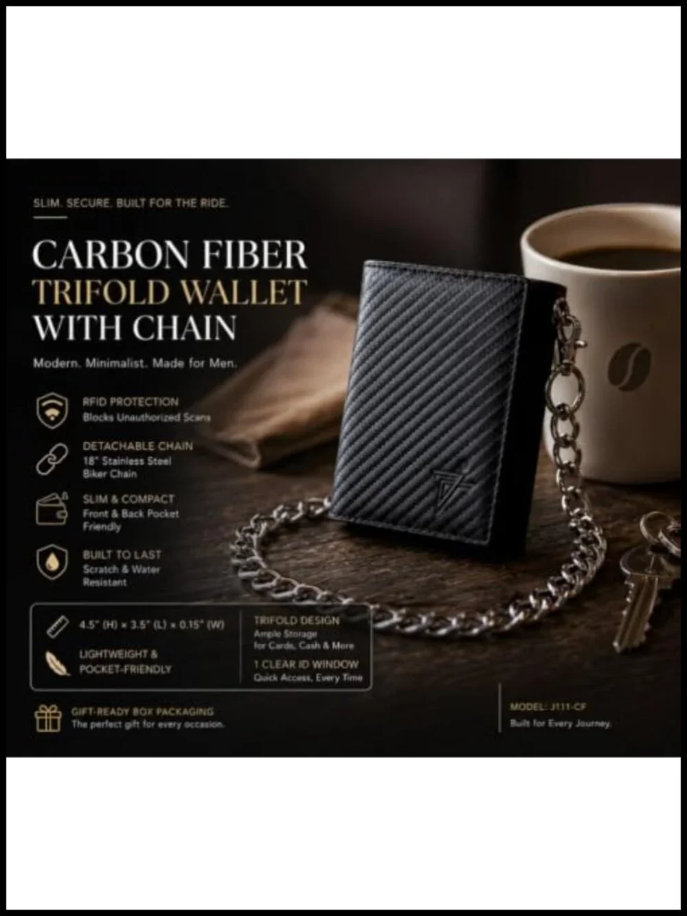 Carbon Fiber Leather Men's Trifold Wallet With Detachable Chain RFID-Safe